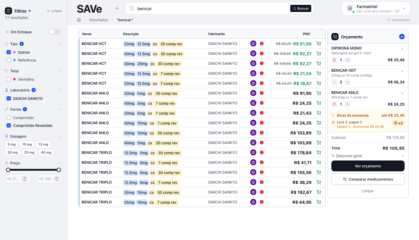 SAVe — busca de medicamentos com alternativas, estoque e promoções